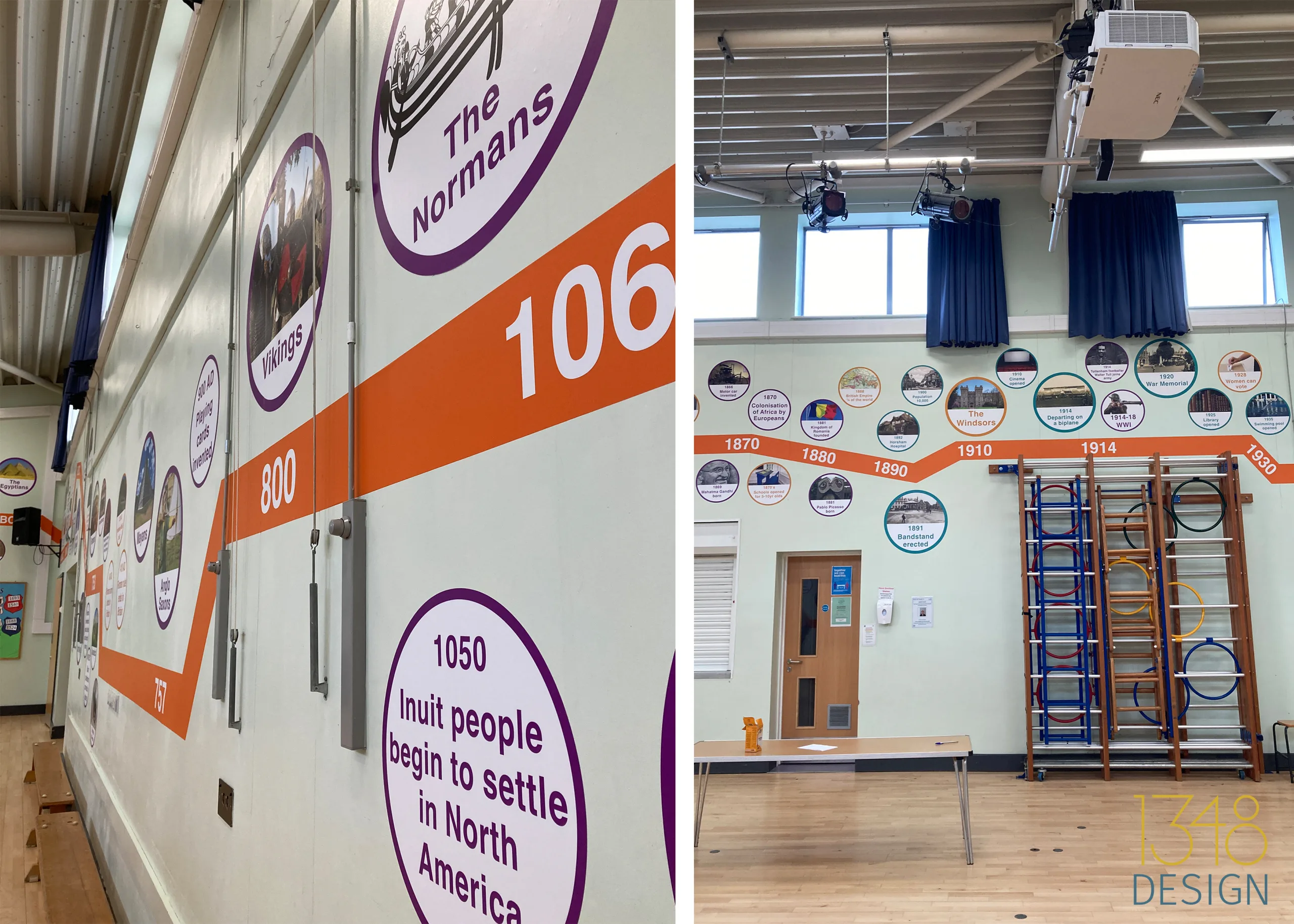 The timeline wraps around on all four walls of the school hall